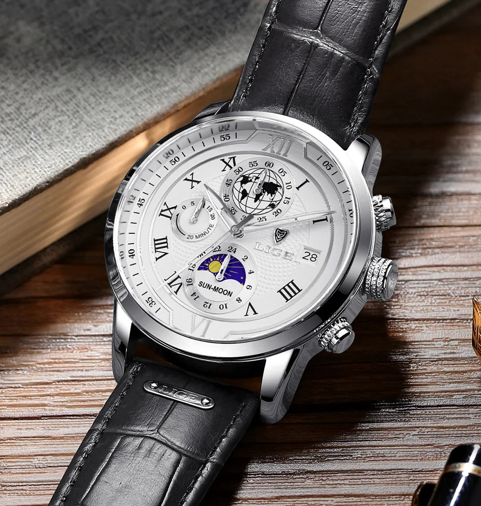 LIGE Luxury Man Wristwatch Waterproof Luminous Chronograph Watch for Men Leather Strap Men's Quartz Watches Reloj Hombre+Box