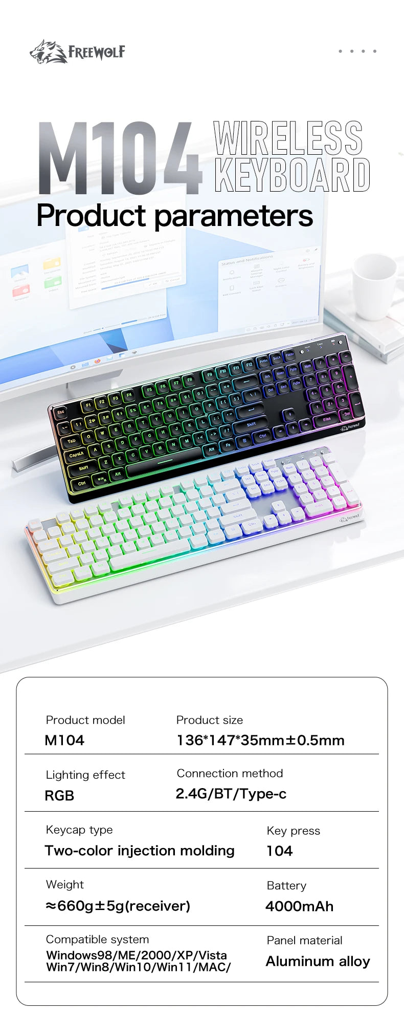 Freewolf M104 Tri-Mode Wireless Keyboard RGB 104 Keys Ultra Slim Quiet Membrane 4000mAh Large Battery for Office&Home