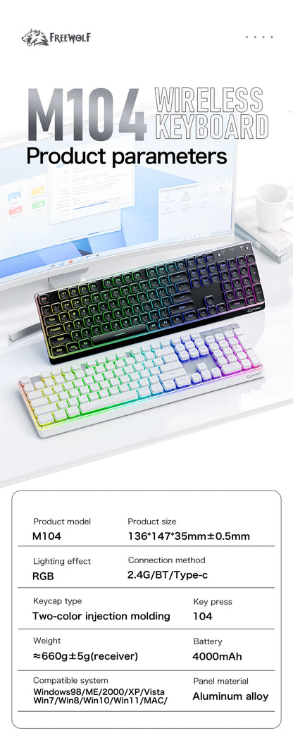 Freewolf M104 Tri-Mode Wireless Keyboard RGB 104 Keys Ultra Slim Quiet Membrane 4000mAh Large Battery for Office&Home