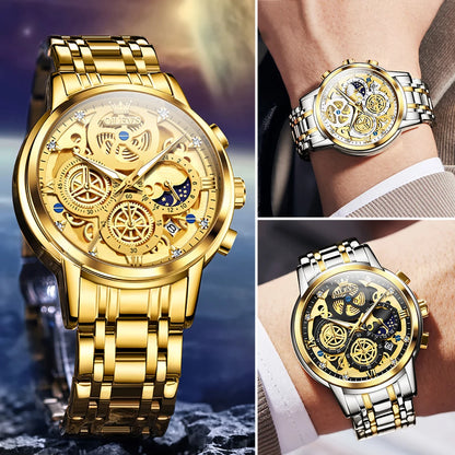 OLEVS Herrenuhr – Luxusmodell, wasserdicht, Quarzwerk, Skelett-Design, 24-Stunden-Anzeige (Tag/Nacht), goldfarben