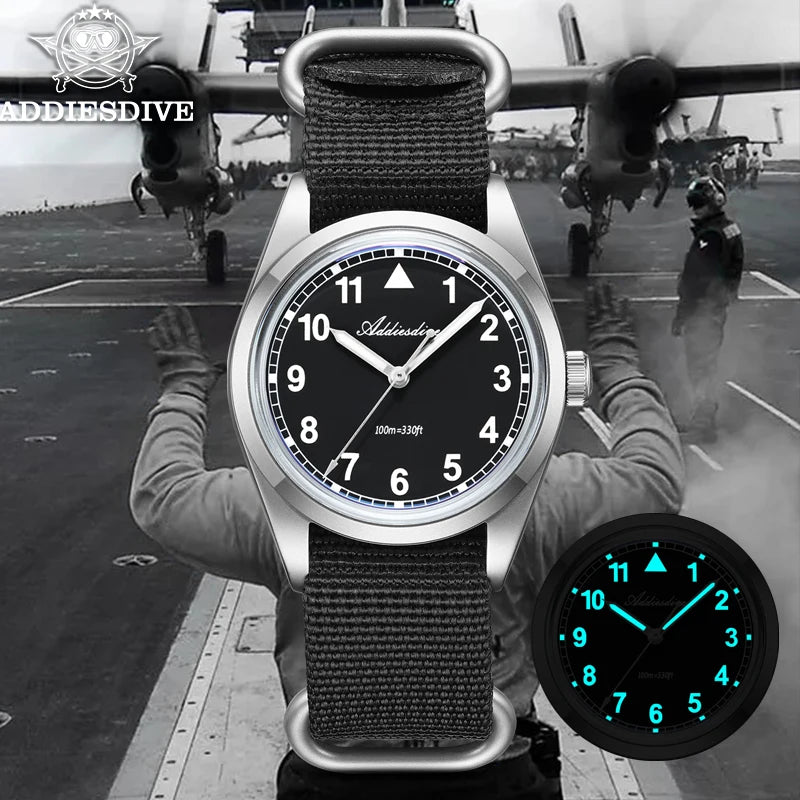 Orologio analogico da uomo ADDIESDIVE 36mm con vetro a specchio bombato, impermeabile 100m, luminoso, semplice, al quarzo, con cinturino in nylon