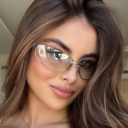 Gradient Oval Frameless Women's Sunglasses High Quality Luxury Brand Y2k Rimless Glasses Women High-end Punk Popular Shades UV