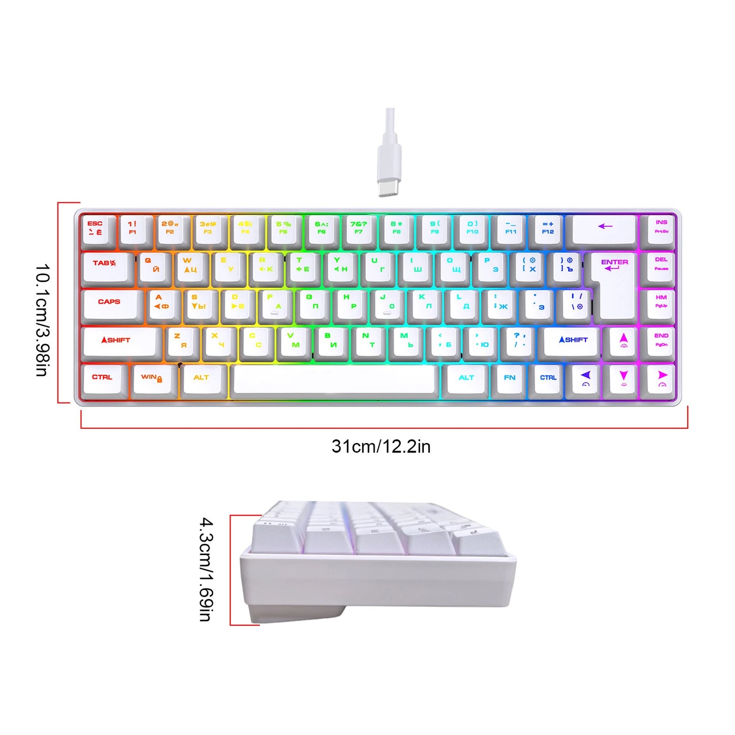 Mechanische Gaming-Tastatur mit 68 Tasten, Russisch/Englisch, zweisprachig, mit RGB-Hintergrundbeleuchtung fürs Gaming
