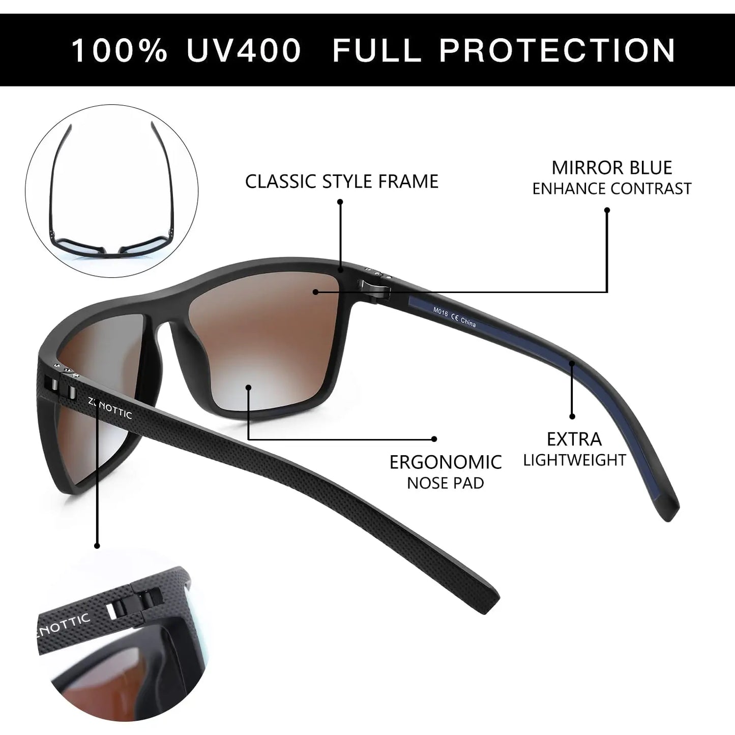 ZENOTTIC Polarized Sunglasses for Men Shades Lightweight TR90 Frame UV400 Protection Square Outdoor Trave Driving Sun Glasses