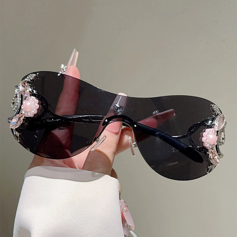 KAMMPT Rimless Y2k Sunglasses with Rhinestones Women Fashion Monoblock Outdoor Decor Shades Trendy Design Gradient Sun Glasses
