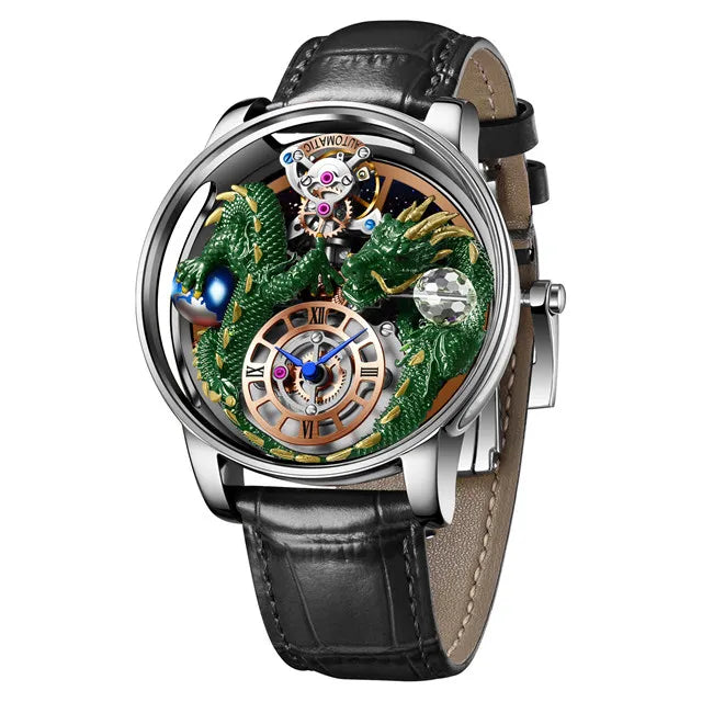 PINDU Design New 3D Dragon Earth Theme Quartz Watches Men Celestial Series Curved Mirror Transparent Design Watch Wristwatches