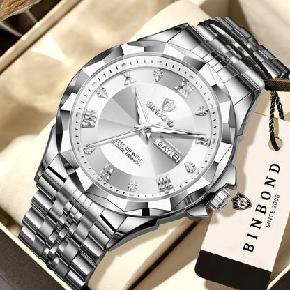 BINBOND Quarz-Herrenuhr – Luxuriöse, leuchtende und wasserdichte Armbanduhr mit automatischer Wochentags- und Datumsanzeige.