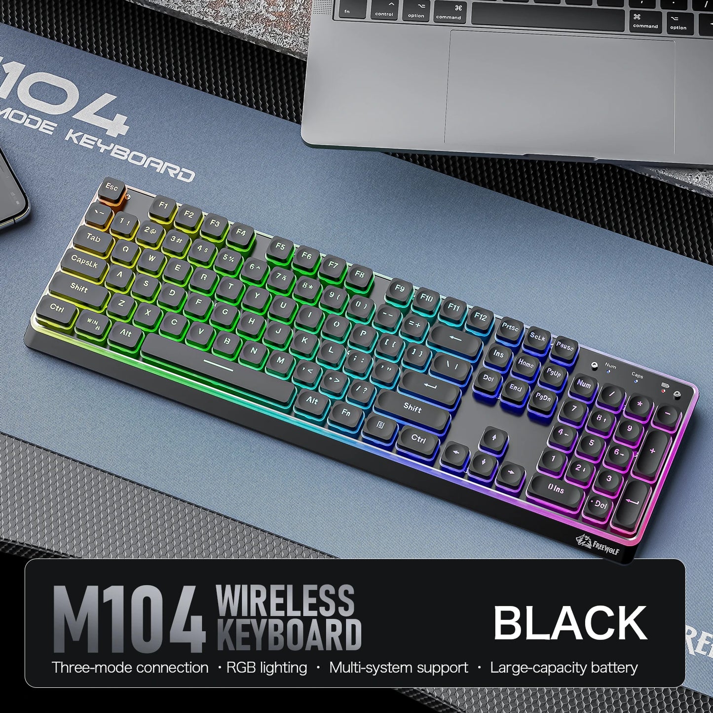 Freewolf M104 Tri-Mode Wireless Keyboard RGB 104 Keys Ultra Slim Quiet Membrane 4000mAh Large Battery for Office&Home