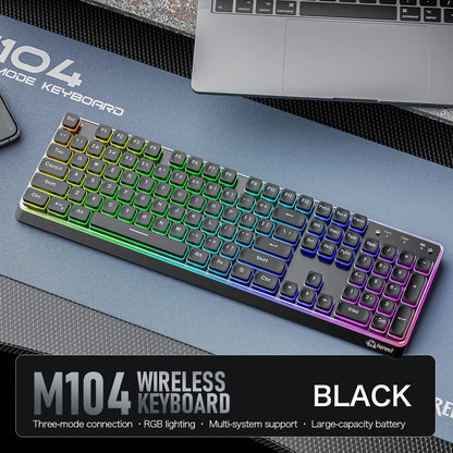 Freewolf M104 Tri-Mode Wireless Keyboard RGB 104 Keys Ultra Slim Quiet Membrane 4000mAh Large Battery for Office&Home
