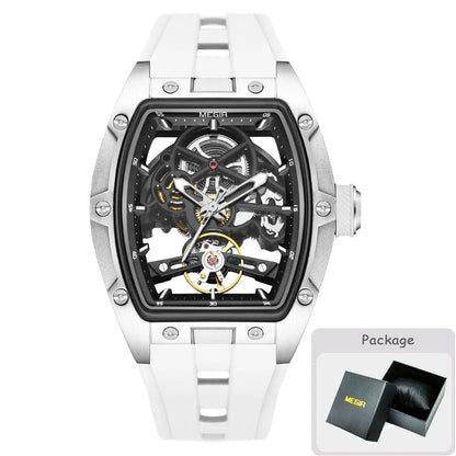 Reloj mecánico para hombre MEGIR, forma de barril, esfera esqueletizada calada, estilo deportivo, correa de silicona, reloj automático de lujo
