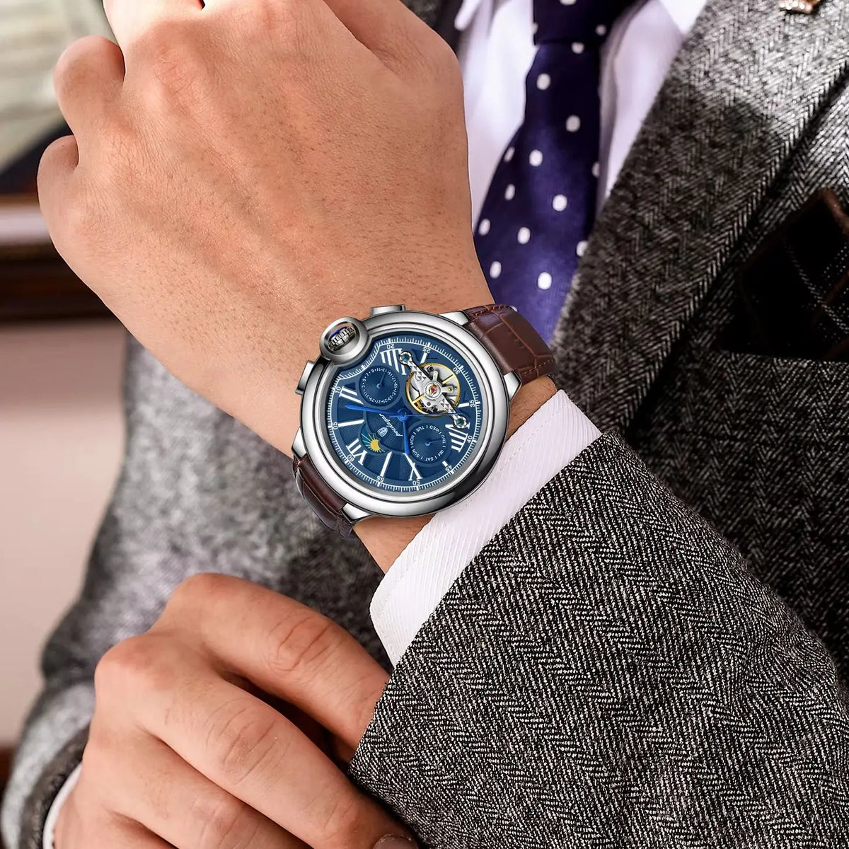 Orologio di lusso da uomo POEDAGAR – Modello meccanico a carica automatica con datario e indicatore del giorno, cinturino in pelle, tourbillon, impermeabile, stile elegante e professionale.