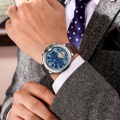 Orologio di lusso da uomo POEDAGAR – Modello meccanico a carica automatica con datario e indicatore del giorno, cinturino in pelle, tourbillon, impermeabile, stile elegante e professionale.