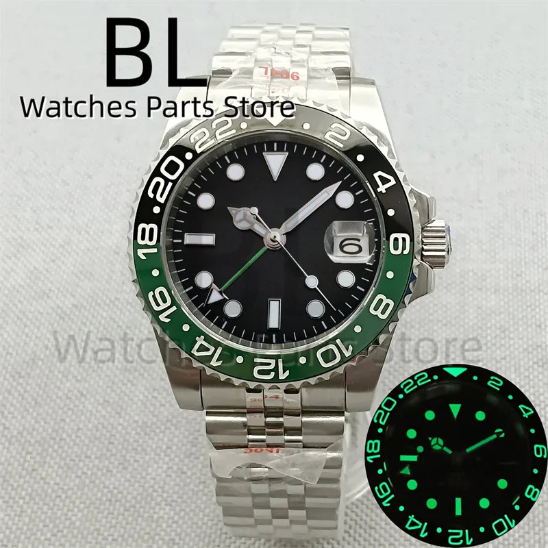 BLIGER 40mm 515 24H GMT Men's Watch Stainless Steel Clasp Luminous Quartz Movement Ceramic Bezel 10Bar Waterproof Sapphire Glass