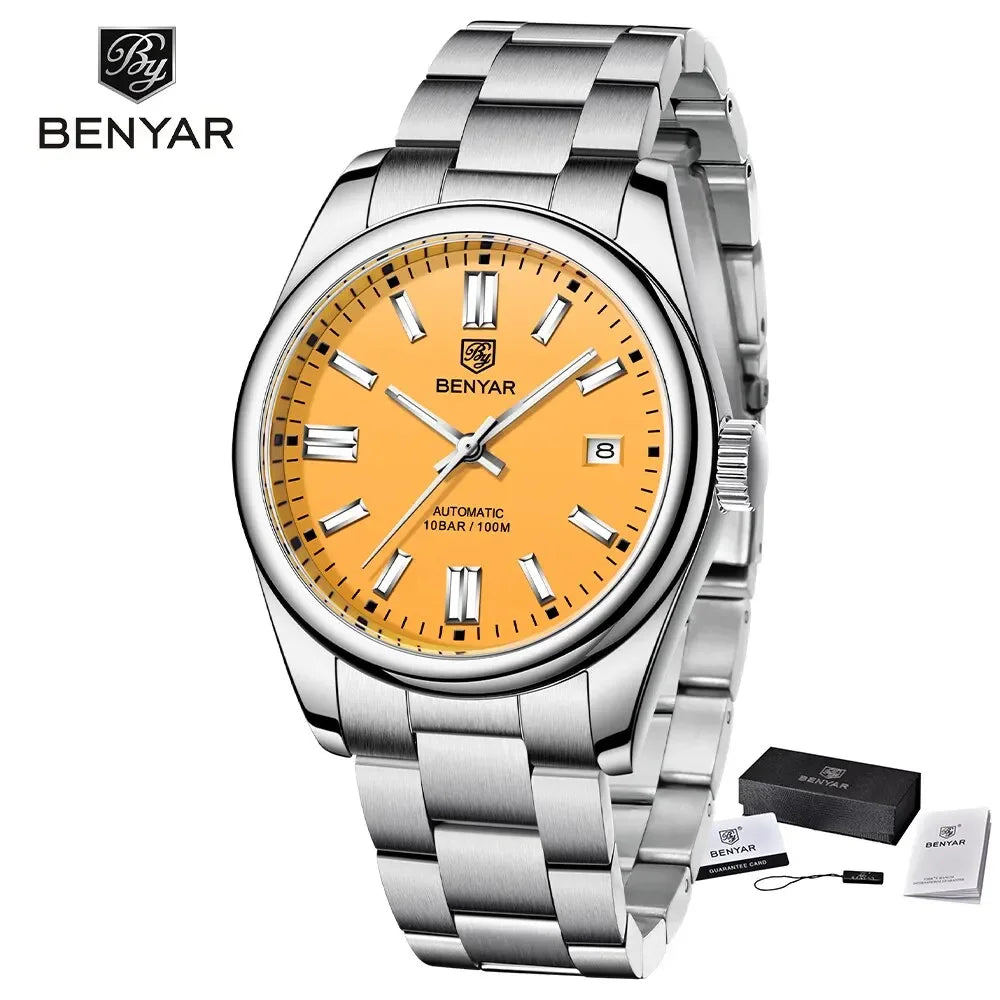 BENYAR 39mm Automatic Mechanical Watch Seagull Movt Men Stainless Steel 100M Waterproof Clock BWG-9 Luminous Reloj Hombre