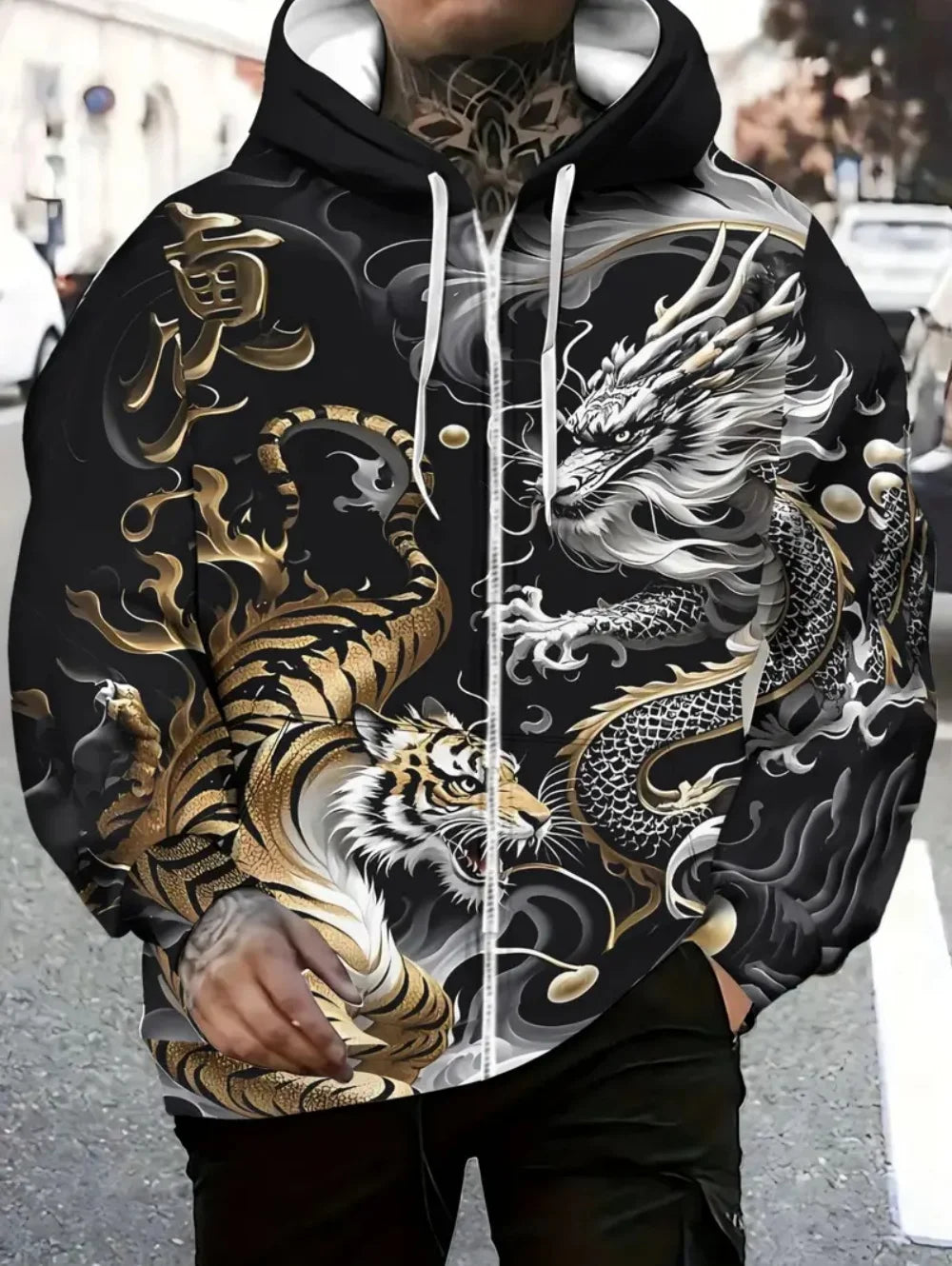 Herren-Kapuzenhoodie mit Drachenprint und Reißverschluss, für Outdoor-Aktivitäten und Reisen, mit Kordelzug, langärmelig, Herbst/Winter, Oversize-Sweatshirt für Männer