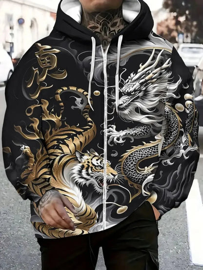 Herren-Kapuzenhoodie mit Drachenprint und Reißverschluss, für Outdoor-Aktivitäten und Reisen, mit Kordelzug, langärmelig, Herbst/Winter, Oversize-Sweatshirt für Männer