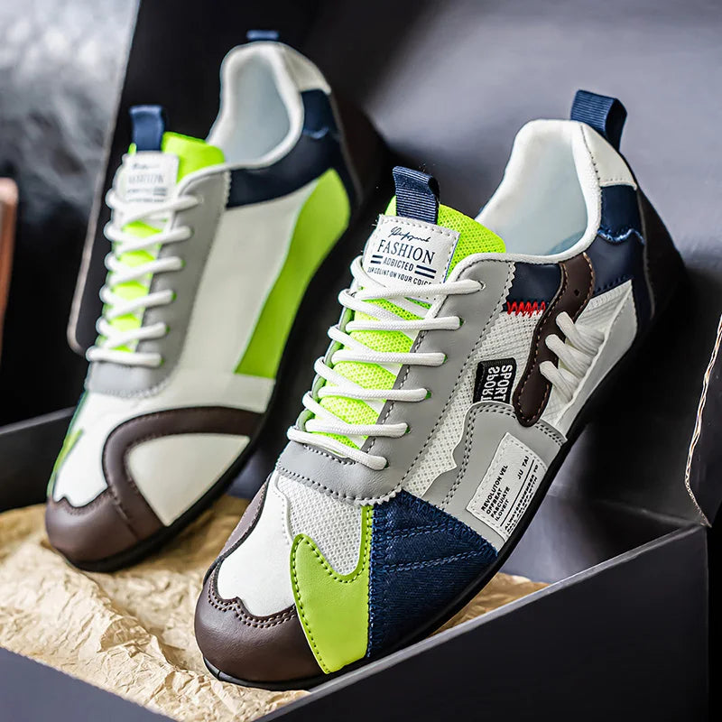 Chaussures de sport décontractées respirantes en maille color-block noir et gris pour hommes, chaussures d'été fines rétro Forrest Gump, chaussures légères à semelle souple, absorbant les chocs, antidérapantes, polyv