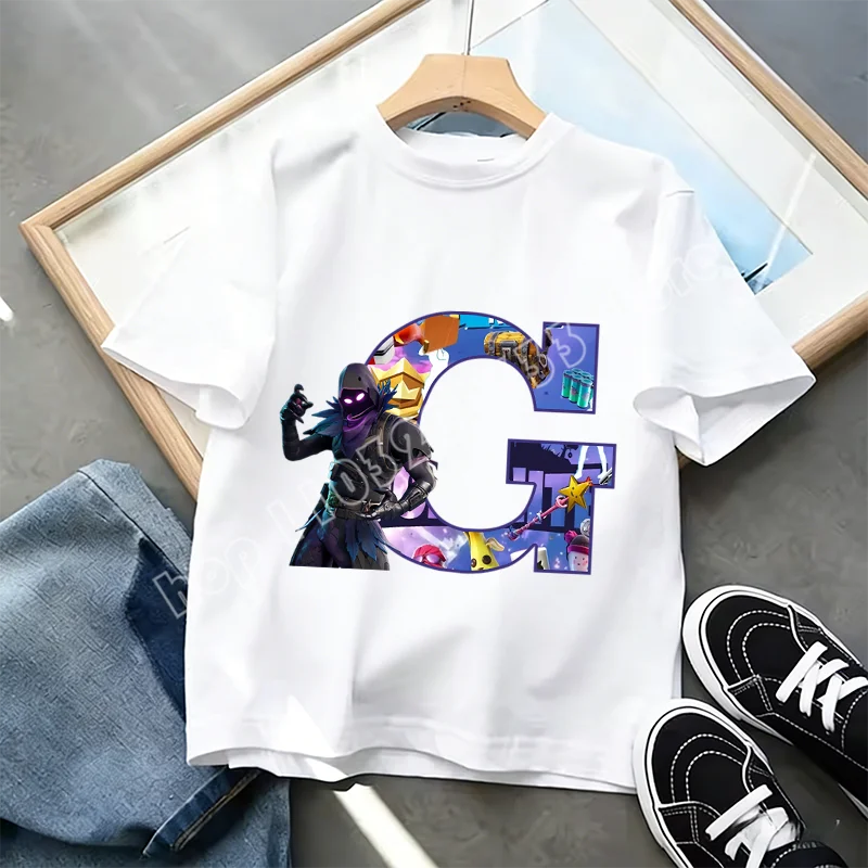 Тениска Fortnite A-Z Alphabet Print за деца, лятна бяла дреха, популярна тениска с анимационна игра, модерен ежедневен топ с къс ръкав, подарък