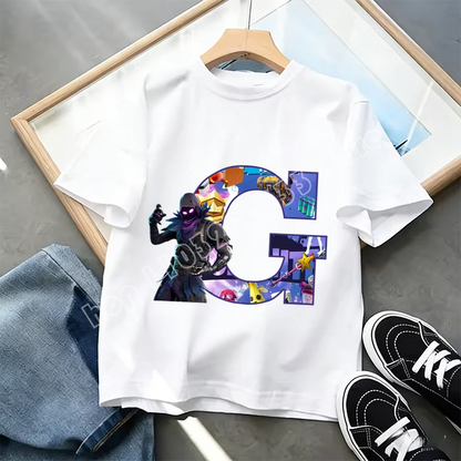Тениска Fortnite A-Z Alphabet Print за деца, лятна бяла дреха, популярна тениска с анимационна игра, модерен ежедневен топ с къс ръкав, подарък