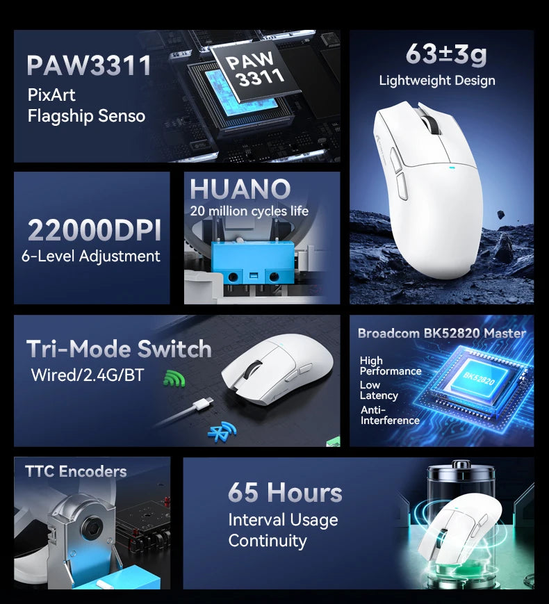 Mouse da gaming ATTACK SHARK X11 e mouse wireless X11 SE 22000 DPI, sensore PAW3311, BT/2.4G/cablato, ultraleggero 59g, 2000W clic