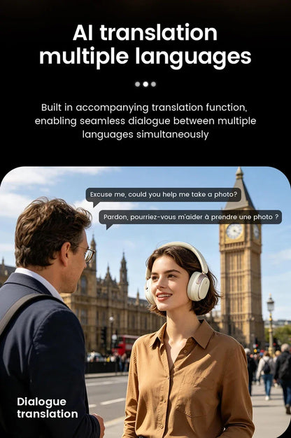 Casque audio supra-auriculaire intelligent avec caméra HD 8MP, reconnaissance d'objets par IA, traduction par IA, casque Bluetooth pour les voyages et les études