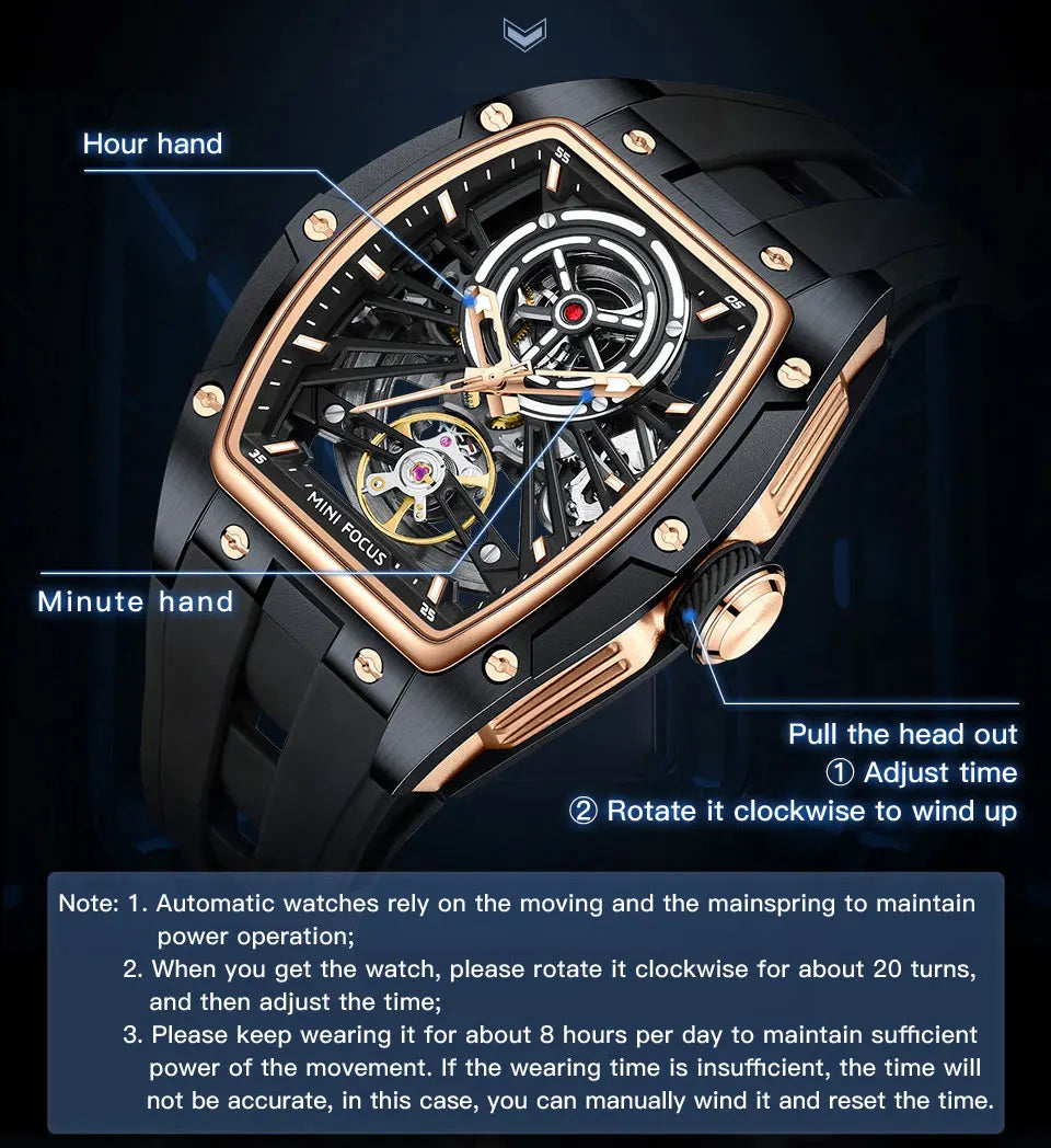 MINI FOCUS Herren-Armbanduhr, modisch, schwarz, wasserdicht, automatische mechanische Uhr mit Leuchtzeigern, Silikonarmband und Tonneau-Zifferblatt