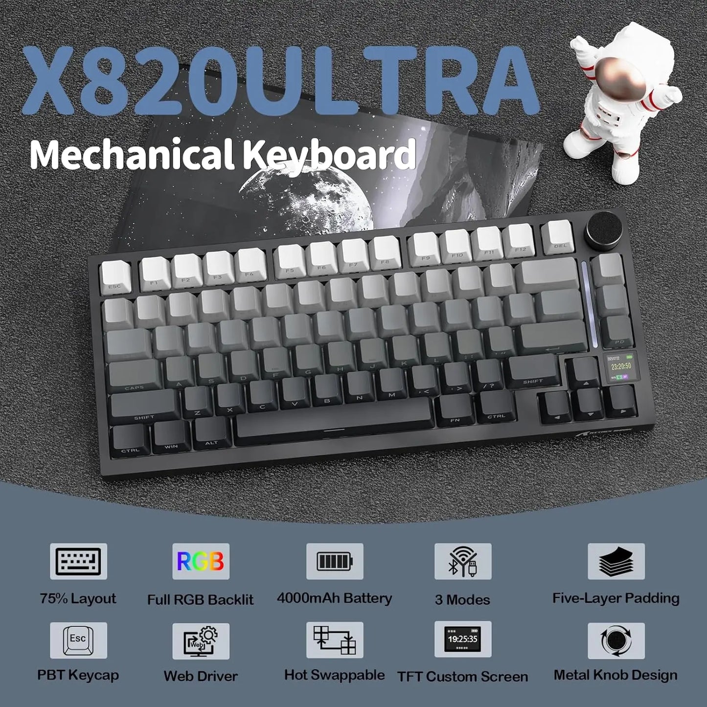 ATTACK SHARK X820 75% Ultra Wireless Mechanical Keyboard with TFT Smart Display & Knob, Hot Swappable, RGB South Facing LED