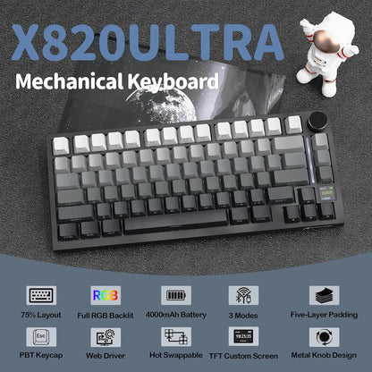 ATTACK SHARK X820 75% Ultra Wireless Mechanical Keyboard with TFT Smart Display & Knob, Hot Swappable, RGB South Facing LED