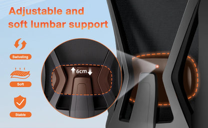 Ergonomic Office Chair with Adjustable Lumbar Support, Reclining Computer Desk Chair 90°-135°, Adjustable Headrest & Flip-Up Armrests
