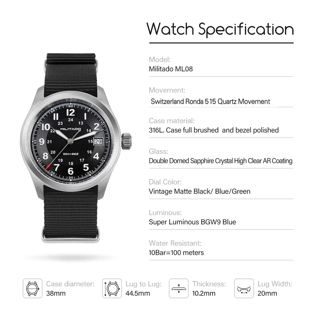 Militado ML08 Quartz Watch Ronda 515 Movement Domed Sapphire Wristwatch BGW9 Luminous 10Bar Waterproof 38mm Vintage Watches