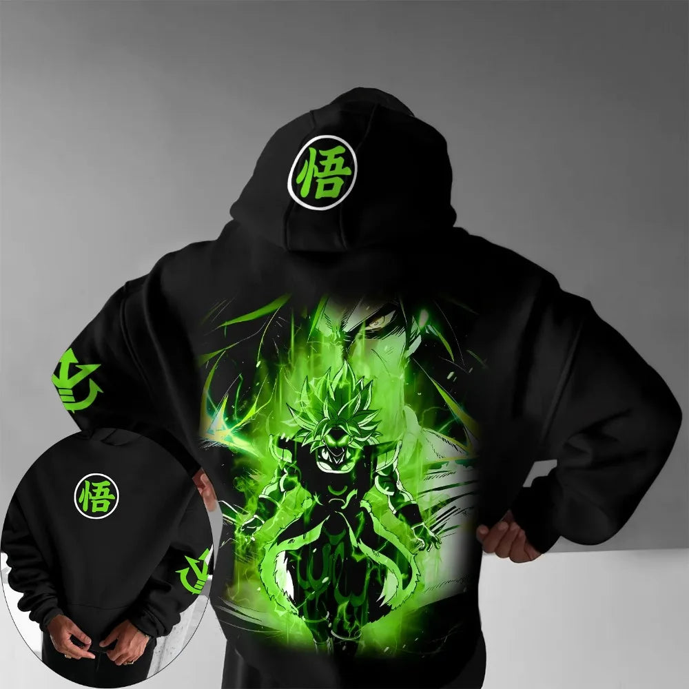 Retro fitness mikina s kapucňou Dragon Ball na jeseň/zimu 2026, 100% bavlna, zelená potlač Broly, oversized streetwear pre mužov a ženy