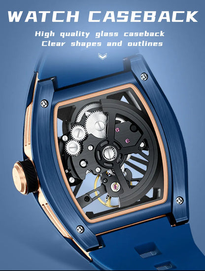 MINI FOCUS Herren-Armbanduhr, modisch, schwarz, wasserdicht, automatische mechanische Uhr mit Leuchtzeigern, Silikonarmband und Tonneau-Zifferblatt