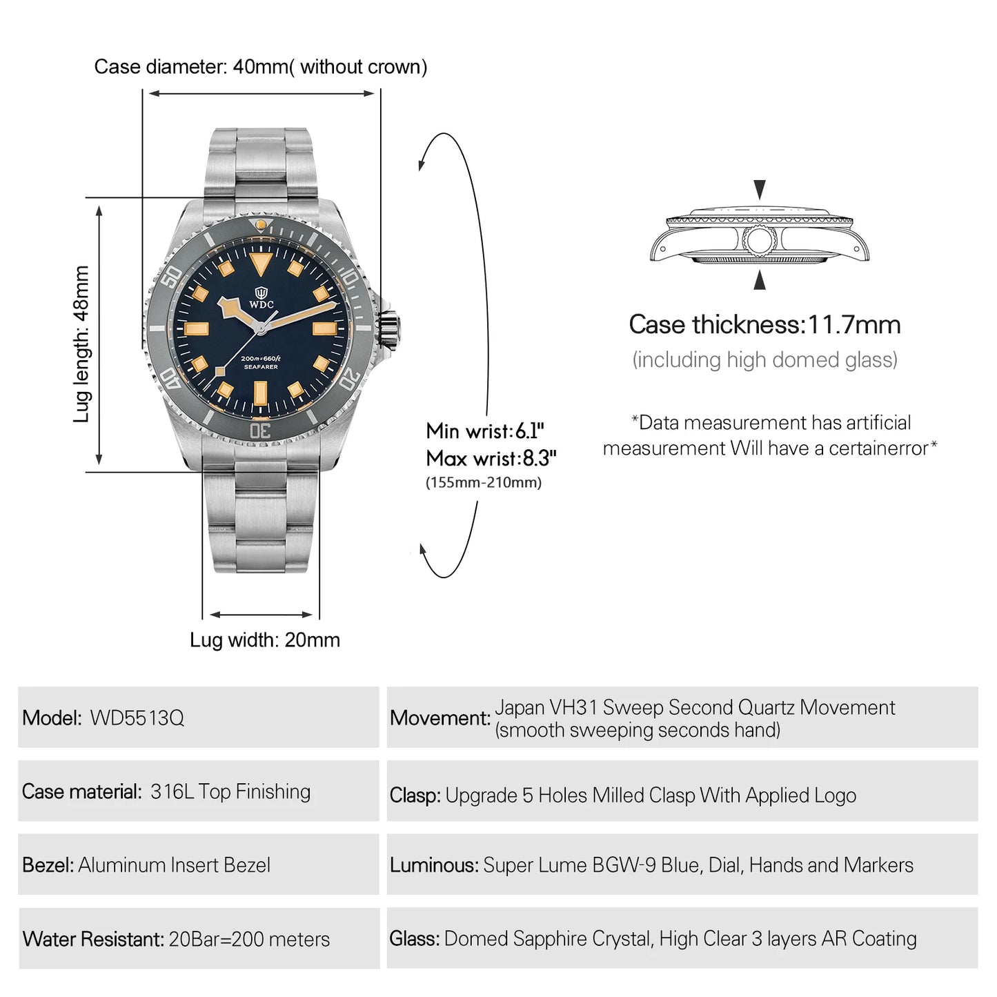 Watchdives WD5513Q Watch VH31 Sweep Second Movement Stainless Steel Sapphire Crystal Business Wristwatch Vintage Watches