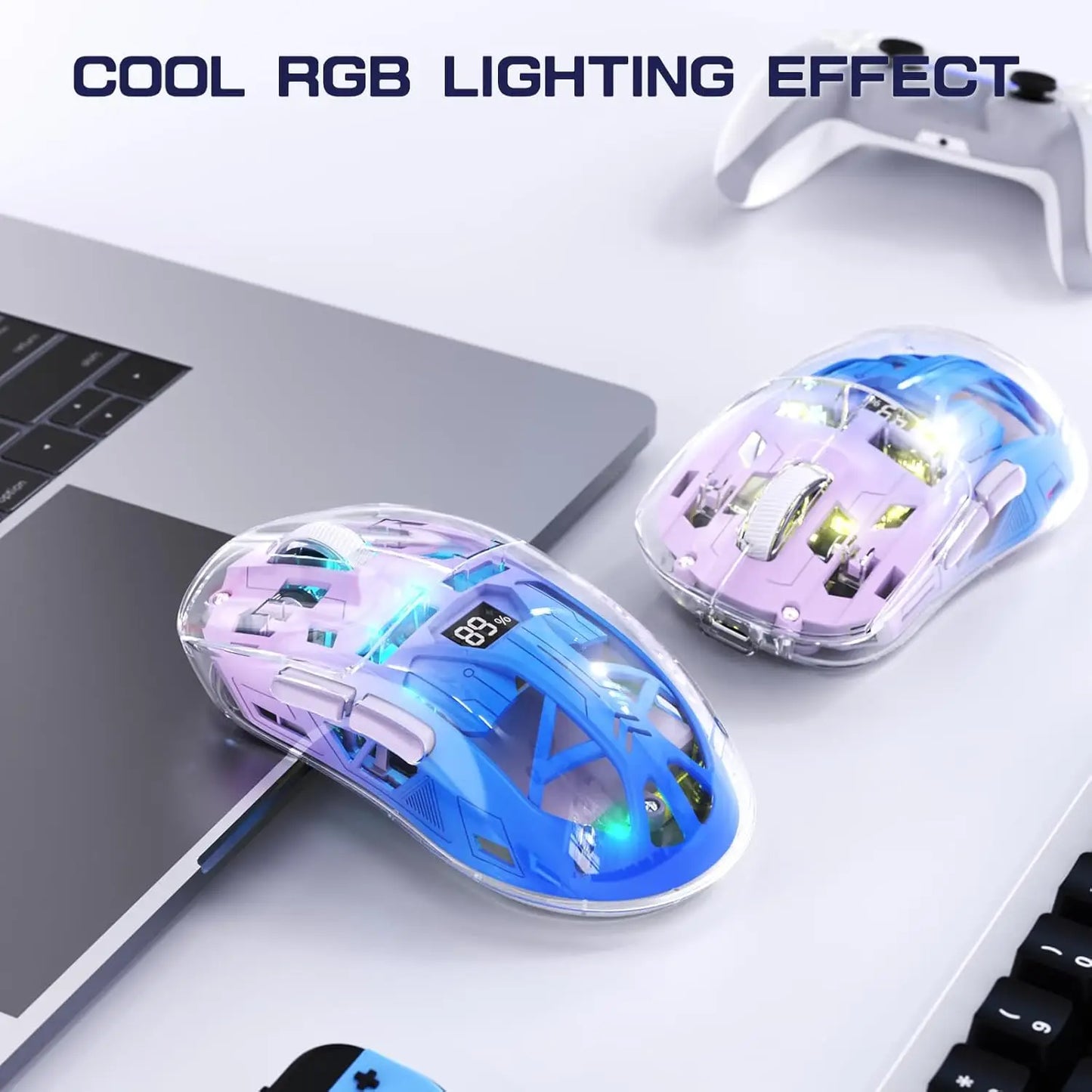 A2 Transparent Wireless Gaming Mouse, BT 5.0/2.4G PC Rechargeable RGB Mice with Digital Screen, PixArt 3212, 5 Adjustable DPI