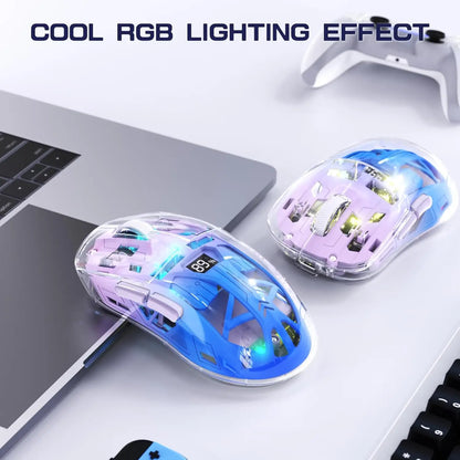 A2 Transparent Wireless Gaming Mouse, BT 5.0/2.4G PC Rechargeable RGB Mice with Digital Screen, PixArt 3212, 5 Adjustable DPI