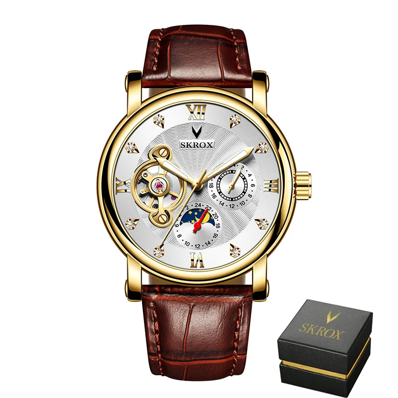 Luksusowy męski zegarek mechaniczny z automatycznym naciągiem, sygnowany przez renomowaną markę, wyposażony w tourbillon, wskaźnik faz księżyca i diamenty – elegancki zegarek na rękę.