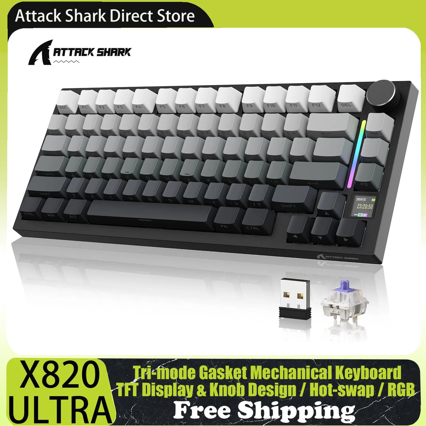 ATTACK SHARK X820 Ultra Gasket Mechanical Keyboard with TFT Screen & Knob, 75% ANSI Layout, Tri-mode, 5 Sound Absorbing Foams
