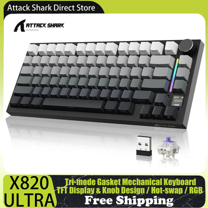 ATTACK SHARK X820 Ultra Gasket Mechanical Keyboard with TFT Screen & Knob, 75% ANSI Layout, Tri-mode, 5 Sound Absorbing Foams