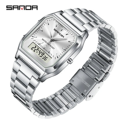 SANDA 747 Men’s & Women’s Luxury Digital Sports Watch  Stainless Steel, LED Dual Display & Waterproof