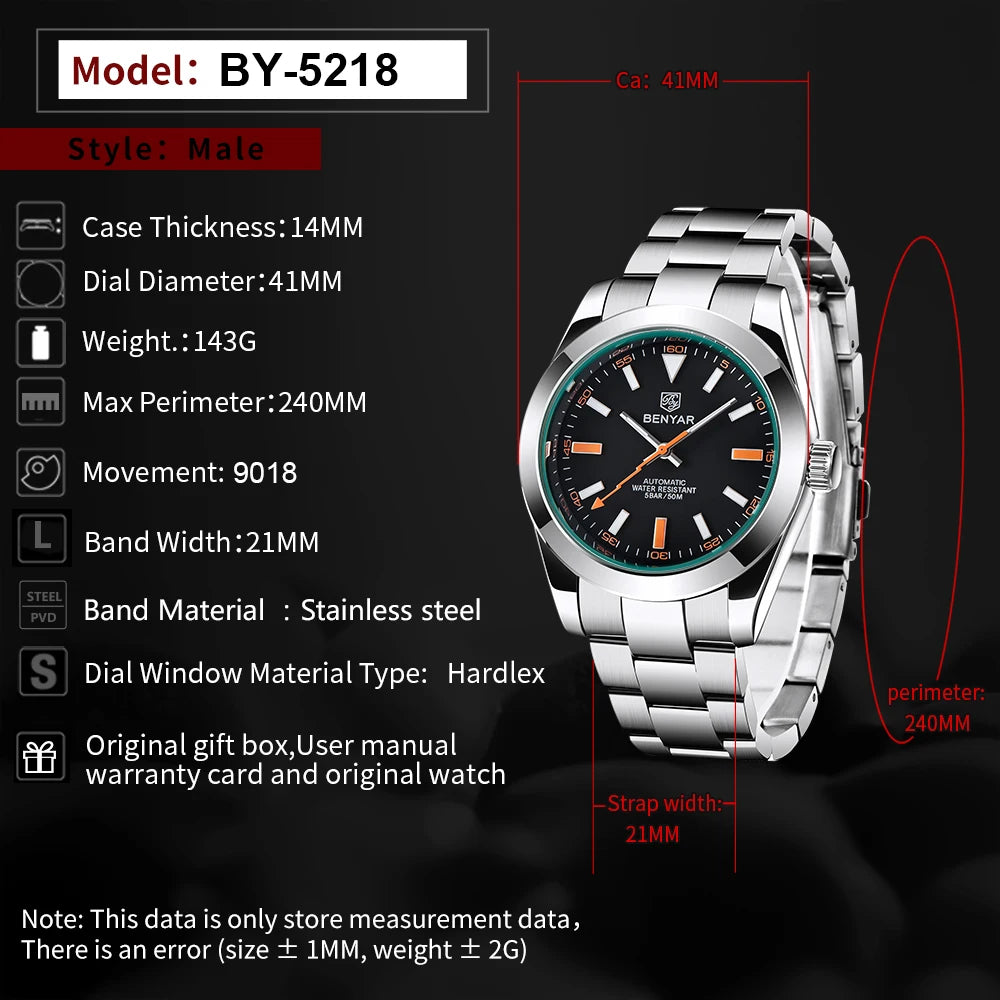 2026 New BENYAR White Mens Watches Top Luxury Automatic Watch For Men Mechanical Stainless Steel Luminous Sports Wristwatches