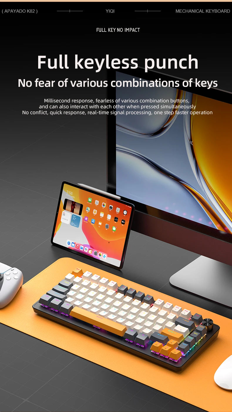 APAYADO 75% Gaming Keyboard Wired with Metal Knob, Hot-Swap K82 Black Mechanical Keyboard,ABS Transparent Character RGB