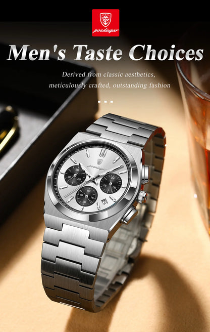 POEDAGAR Luxury Men's Watch Chronograph Date Stainless Steel Casual Man Clock Waterproof Luminous Fashion Quartz Watches For Men
