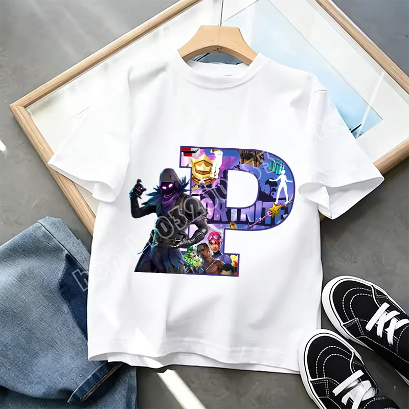 Тениска Fortnite A-Z Alphabet Print за деца, лятна бяла дреха, популярна тениска с анимационна игра, модерен ежедневен топ с къс ръкав, подарък