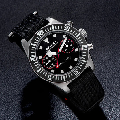 SEESTERN Chronograph Man's Watch Mechanical Tianjin ST1901 Movement Sapphire Wristwatches Nylon Sticker Strap Luminous Skeleton