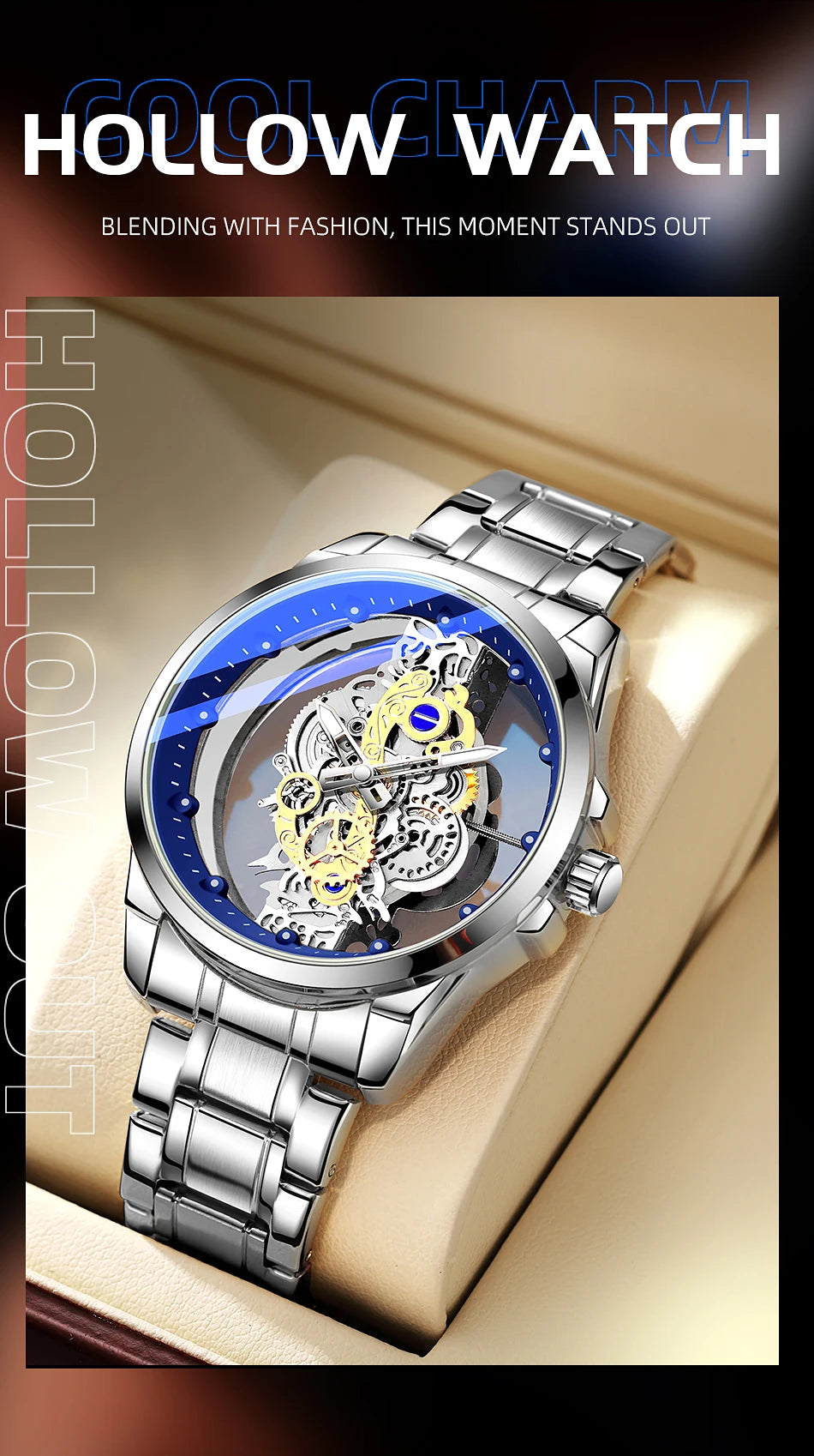 TPW Men’s Luxury Black & Gold Skeleton Quartz Watch Fashion Wristwatch