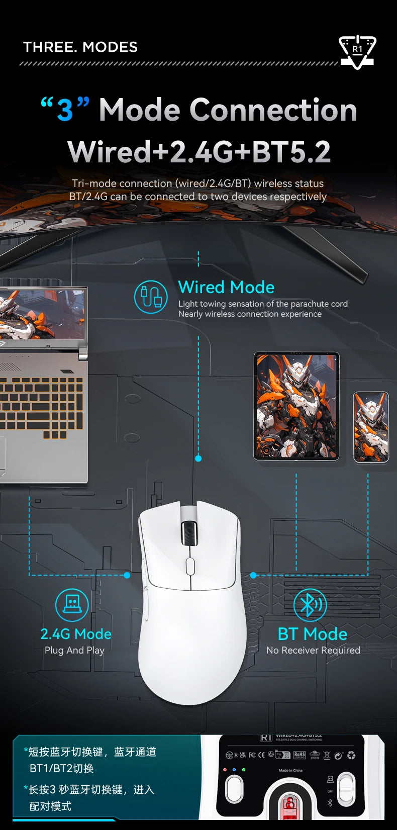 Attack Shark R1 Tri-Mode 2.4g-BT-Wired, PAW3311 18000DPI, 59g Lightweight Gaming Mouse
