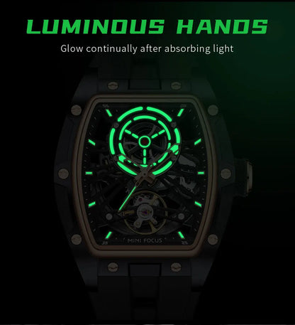 MINI FOCUS Herren-Armbanduhr, modisch, schwarz, wasserdicht, automatische mechanische Uhr mit Leuchtzeigern, Silikonarmband und Tonneau-Zifferblatt