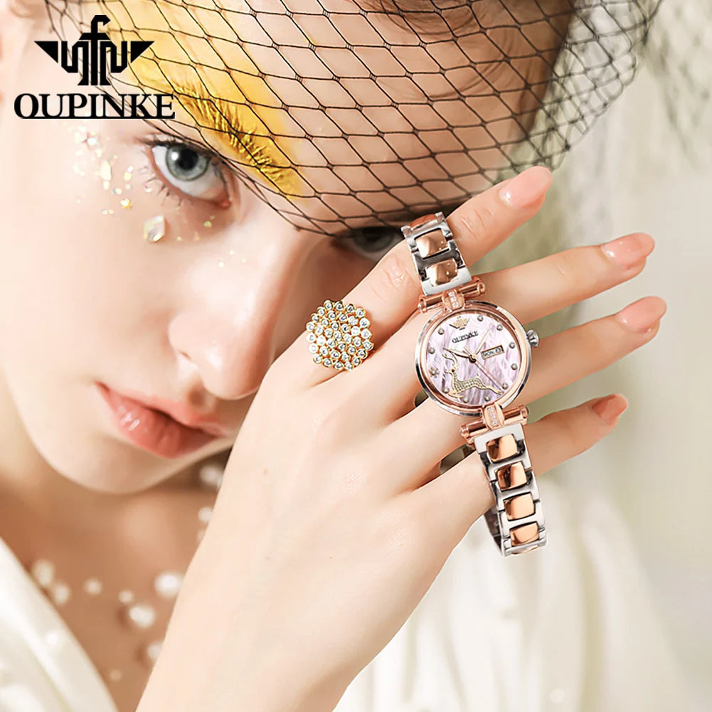 OUPINKE 3180 Watches For Woman Luxury Elegant Automatic Mechanical Watch Deer Dial Stainless Steel Week Date Watch Gift Box