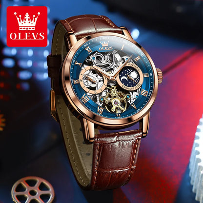 OLEVS Top Brand Men's Skeleton Mechanical Watch, Waterproof Leather Strap, Moon Phase, Automatic Tourbillon Wristwatch
