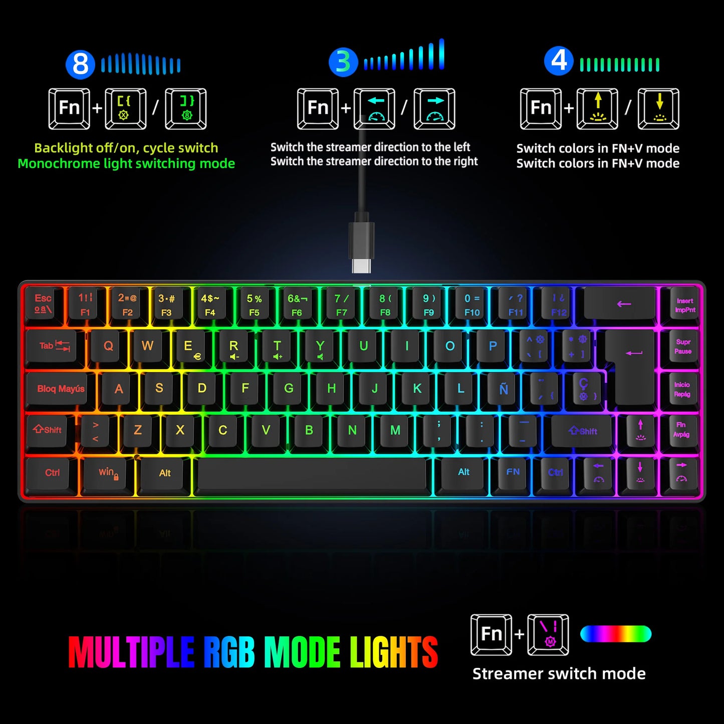 Offerta imperdibile! Tastiera gaming cablata spagnola a 69 tasti con retroilluminazione RGB, design compatto 68%, un accessorio indispensabile per professionisti e gamer